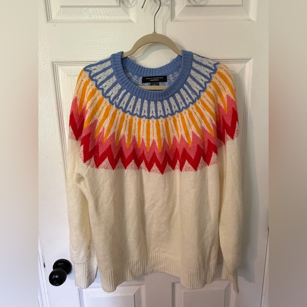 French Connection Cream Crewneck Sweater with Blue, Yellow, Pink & Red Yoke